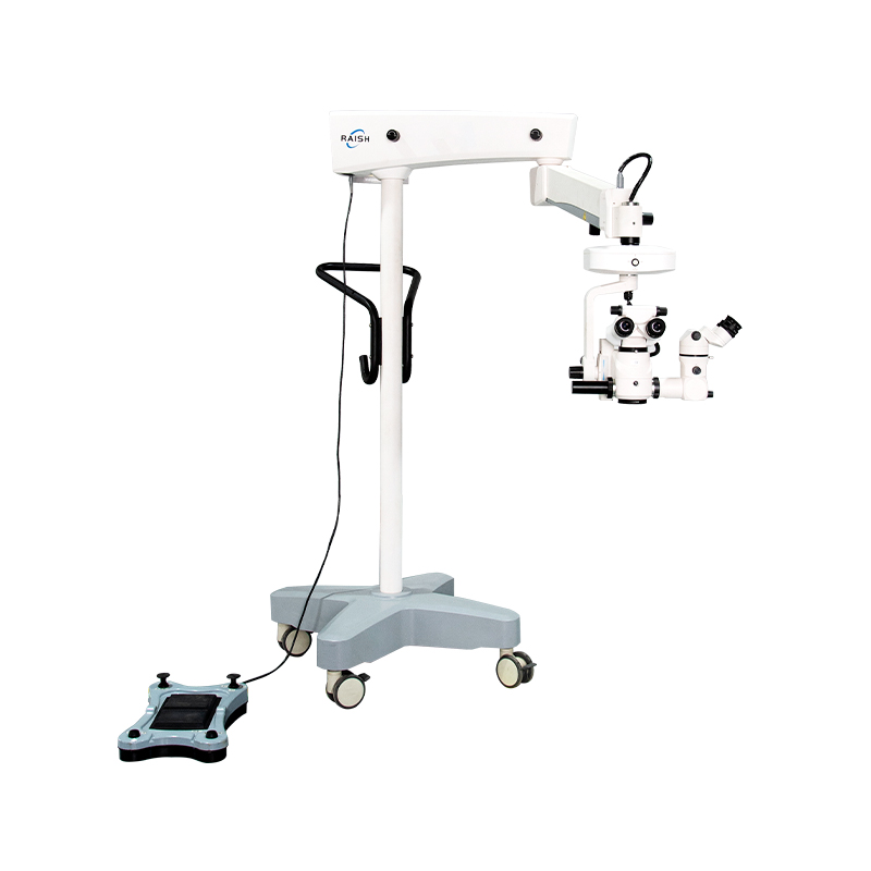 How does a surgical microscope's floating balance arm achieve zero drift and single-handed adjustment?
